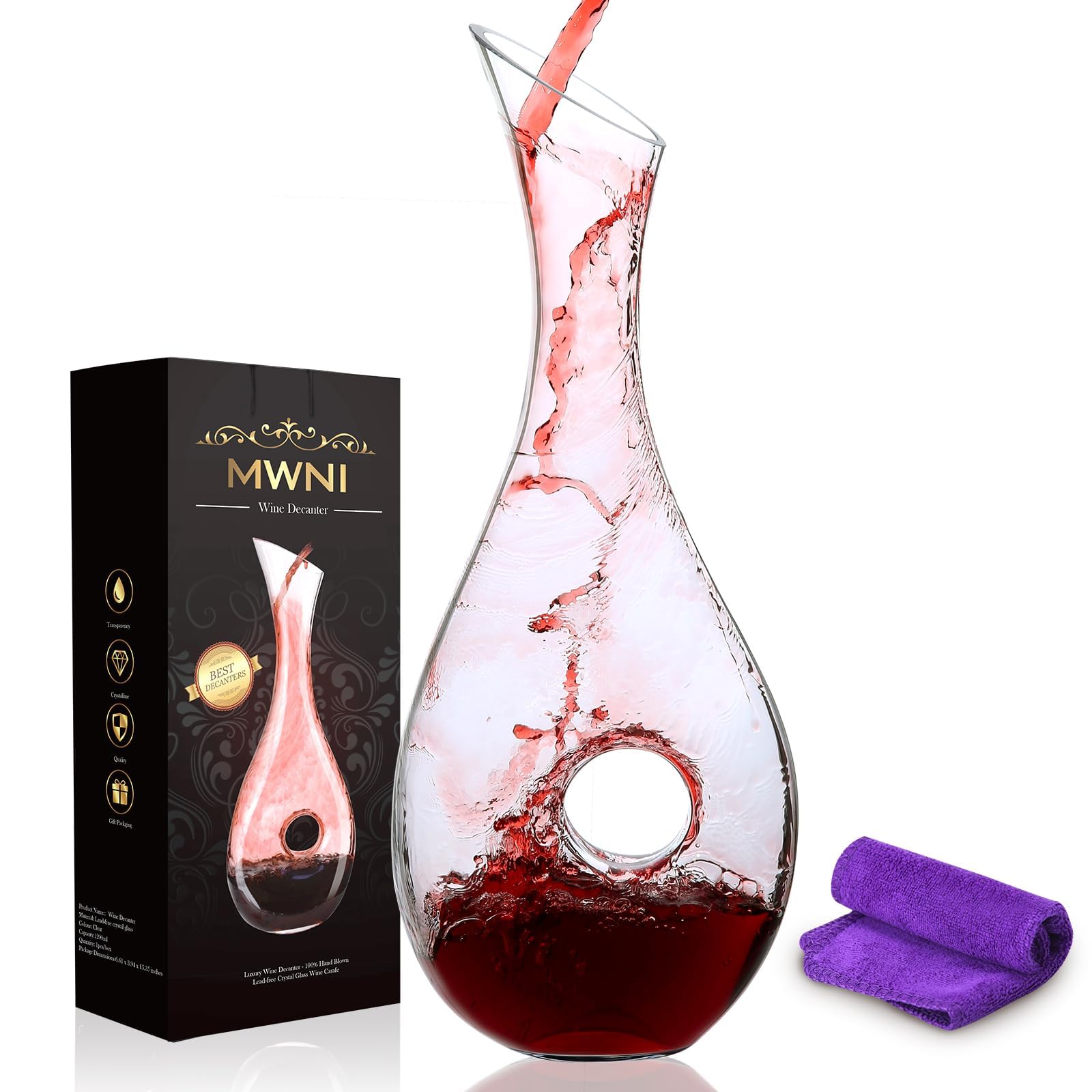 MWNI Wine Decanters,1.2 Liters Lead Free Crystal Red Wine Decanter Set,Used as Aerator,Glass Carafe Accessories,Gifts