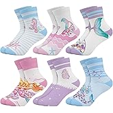 Queenshin Girls Socks Mermaid Tail Unicorn Flowers Fruit Printed Pattern Cute Crew Ankle 6 Pairs 3-14Y Kids Birthday Gift