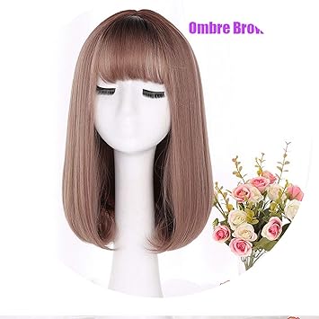 Amazon Com Synthetic Medium Long Bob Wig With Bangs Dark Roots