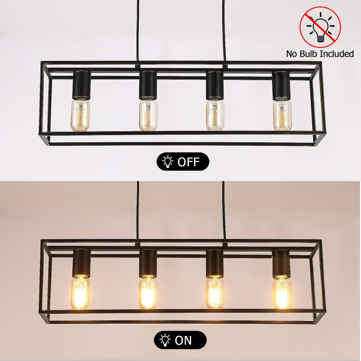 Industrial Linear Pendant Light Fixture, 4-Light Kitchen Island Lighting with Metal Open Frame . (Black+Brushed Gold, 4-Light) - - 