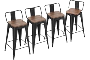 Yongchuang 24" Swivel Bar Stools Set of 4 Counter Height Stools with Backs Industrial Black Metal Barstools Bar Chairs with Wood Seat
