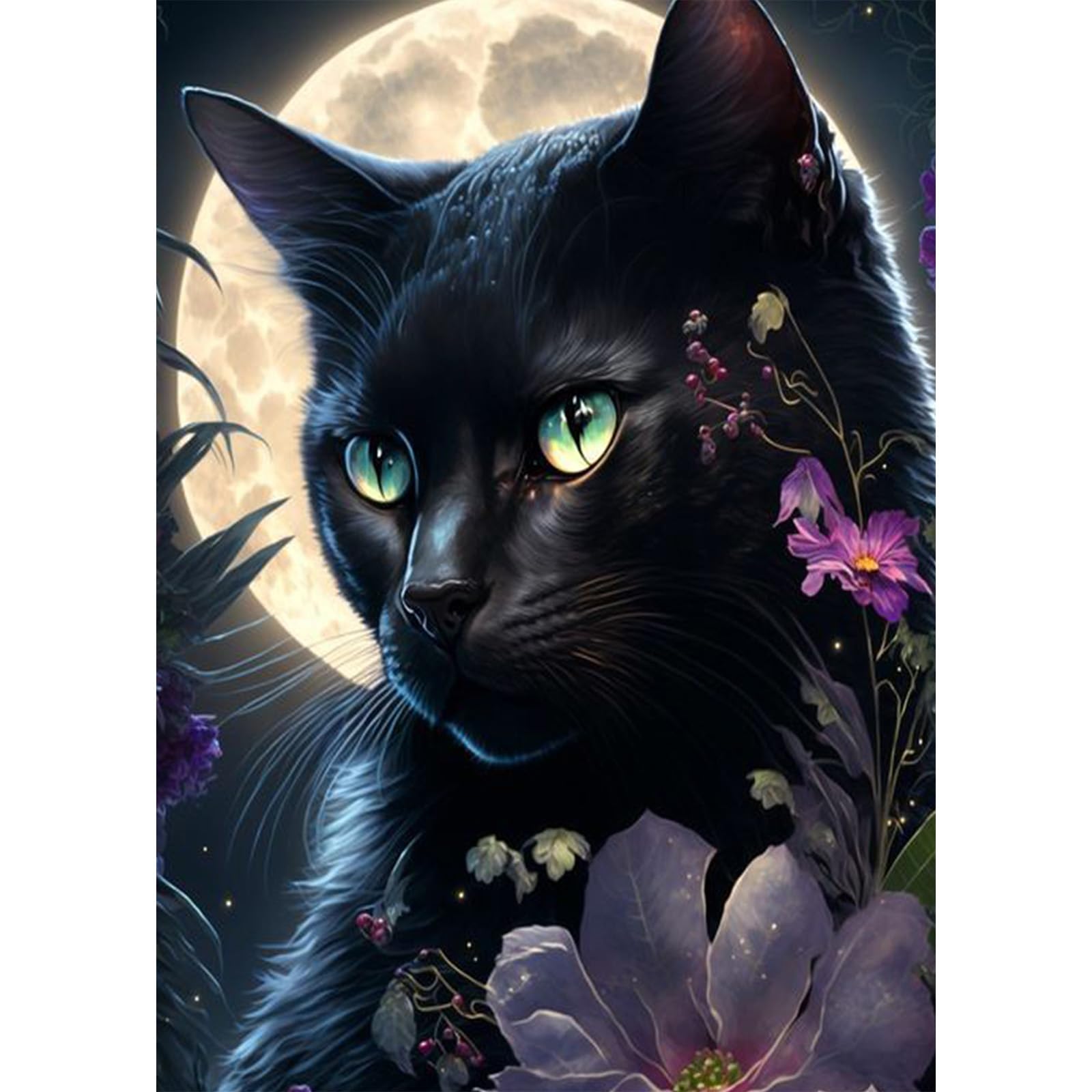 AIRDEA 5D Cat Diamond Painting Kits for Adults Beginners Round Full Kits DIY Flowers Diamond Art Kits for Kids Moon Night Diamond Painting by Number Kits Black Cat Gem Painting Art 12x16 inch