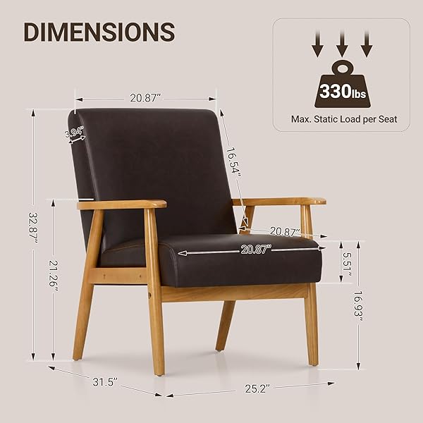 COLAMY PU LEATHER ACCENT CHAIR SET OF 2 FOR LIVING ROOM, MID CENTURY MODERN RELAXING ARMCHAIR WITH SOLID WOOD FRAME & SOFT CUSHION（BROWN