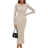MEROKEETY Women's Bodycon Sweater Dress 2025 Fall Winter Long Sleeve Button Crew Neck Ribbed Knit Midi Work Dresses