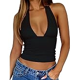 TiulZial Womens Backless Halter Tops Deep V Neck Sexy Crop Tank Top Open Back Sleeveless Slim Fit Y2k Summer Tops