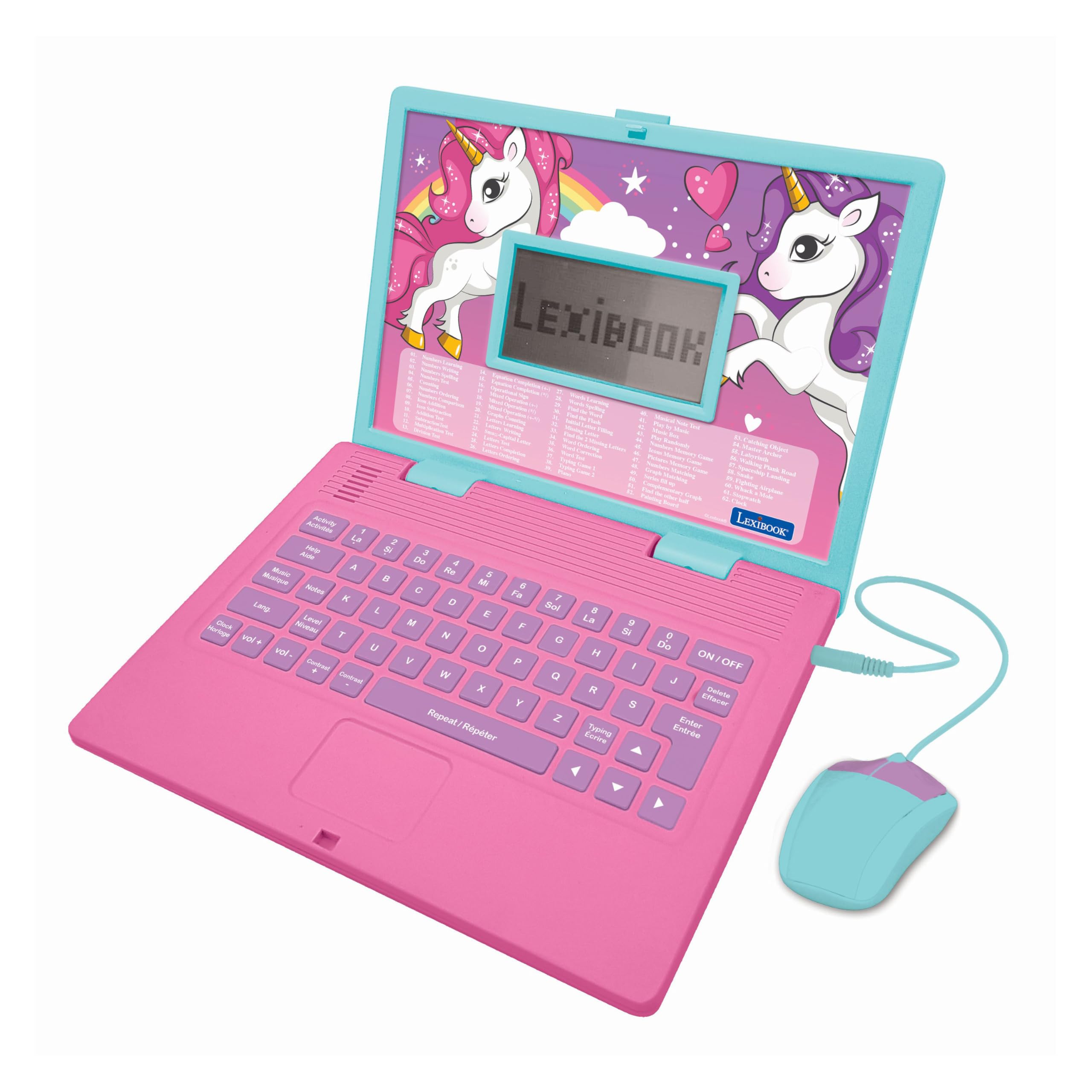 LEXIBOOK, Unicorn, Educational and Bilingual Laptop French/English, Toy for Children with 124 Activities to Learn Mathematics, Dactylography, Logic, Clock Reading, Games and Music, Pink, JC598UNIi1 — image 1