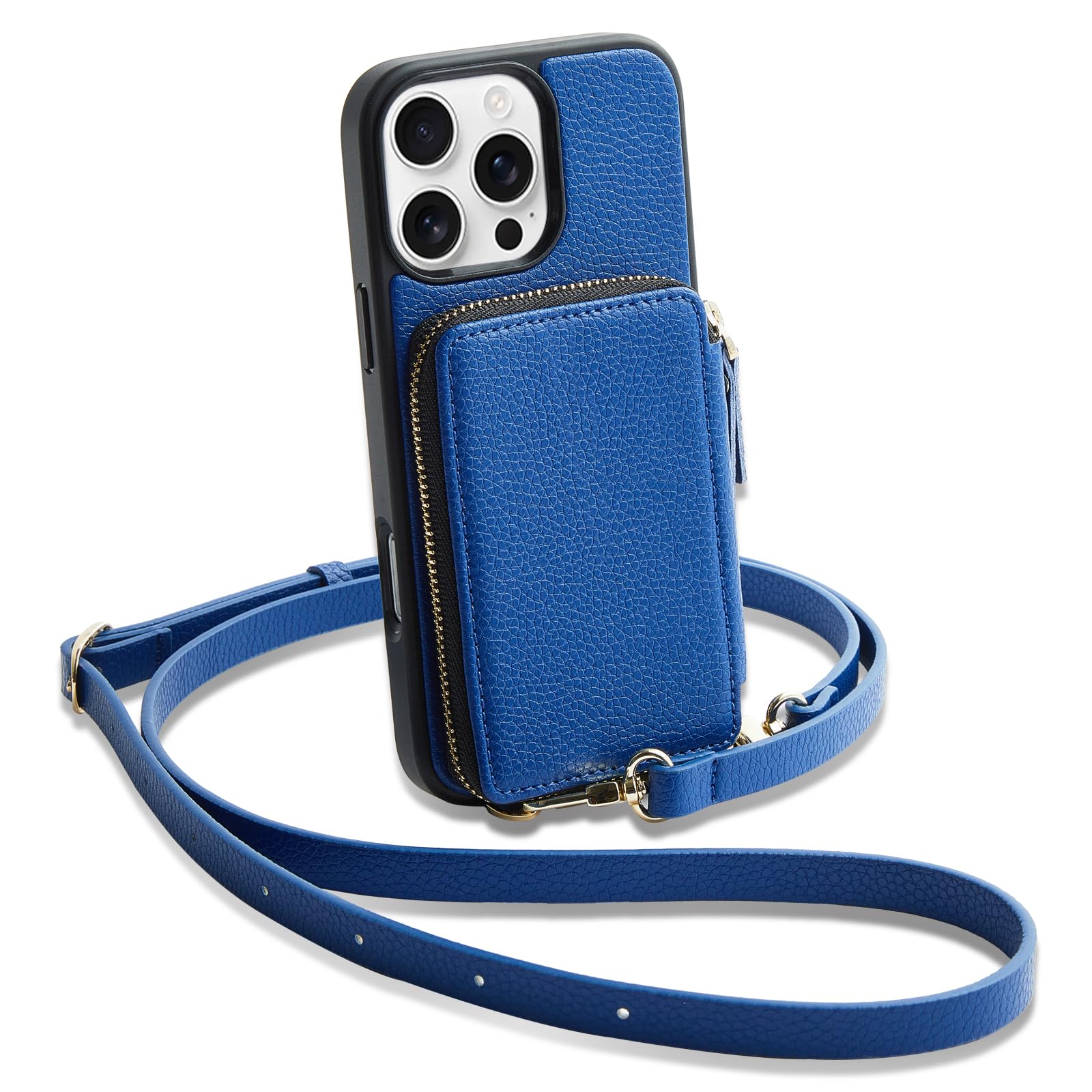 Photo 1 of ZVE for iPhone 16 Pro Case Wallet, Card Holder Leather Phone Protective Handbag Flip Cover with Crossbody Strap for iPhone 16 Pro 6.3" Navy Blue