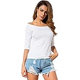 LUSMAY Womens Off Shoulder Top Half Sleeve Summer Cotton Blouses Boat Neck Tee Shirt