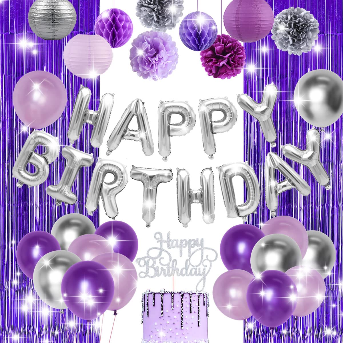 Fangleland Purple Birthday Party Decorations Happy Birthday Banner Purple Silver for Women Fringe Curtain, Paper Pom Poms30th/40th/50th/60th Birthday Party Supplies