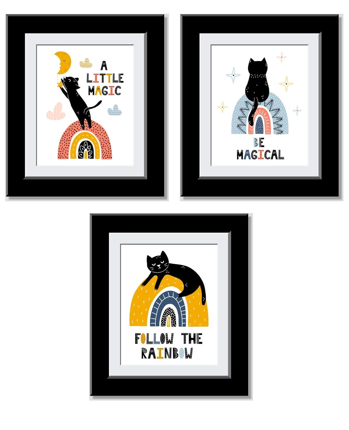 Cat Decor for Cat Lovers - Black Cat Decor for Nursery decorations - A little Magic, Be Magical, Follow the Rainbow - 8x10 UnFramed…