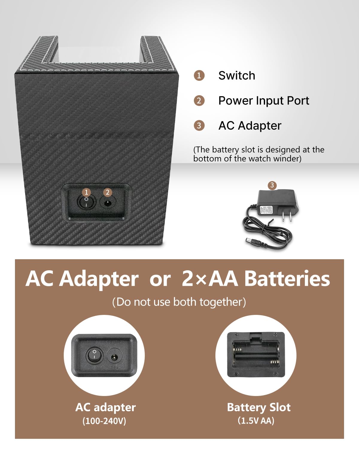 Watch Winder for Automatic Watches: Automatic Single Watch Winder Box, Rotating Watch Case in Black Carbon Fiber Leather, Watch Rotator with Japanese Quiet Motor, Battery Powered or AC Adapter