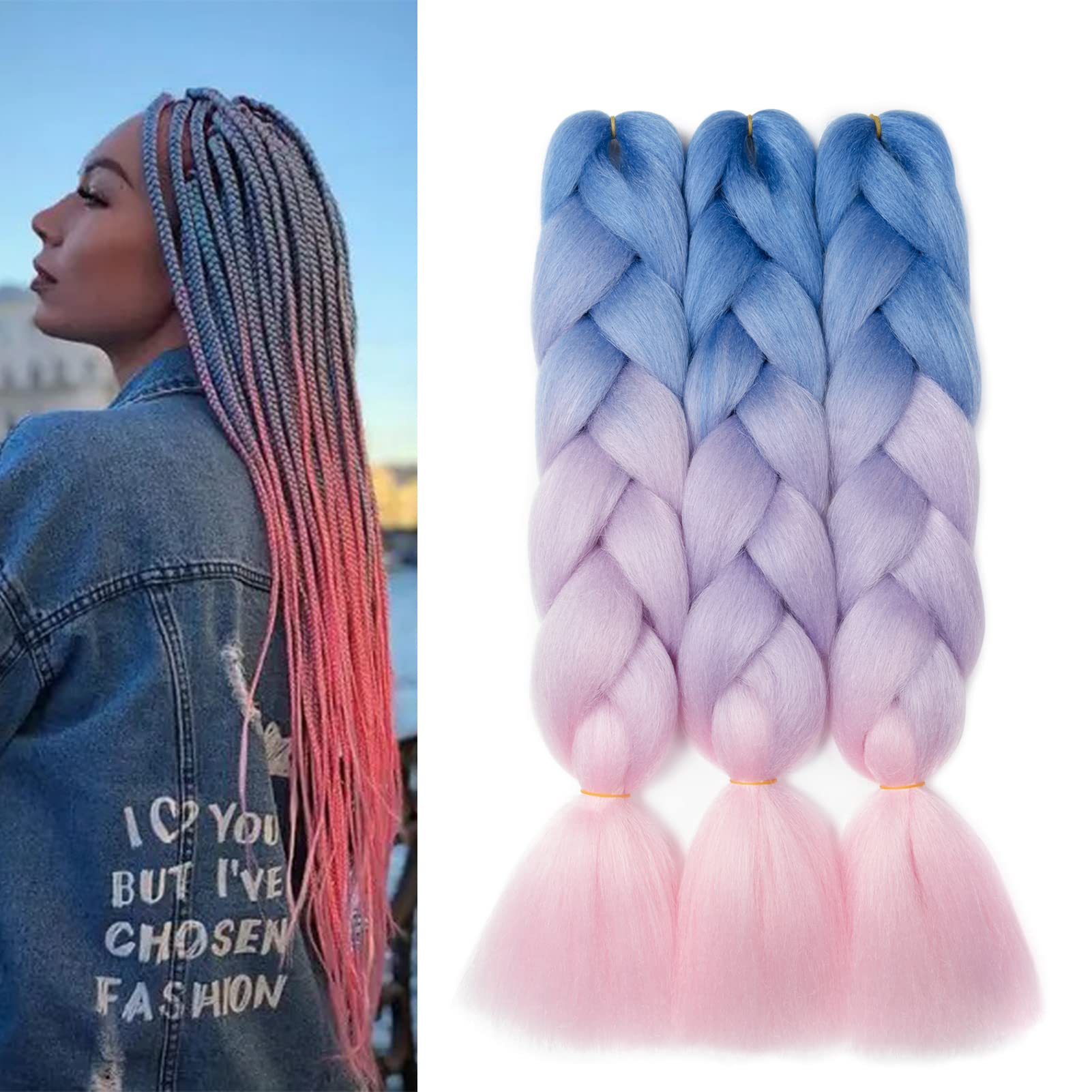 Gairyan Jumbo Braiding Hair Extensions 24 inch 3PCS 300g Ombre Jumbo Braids Hair Extensions 3 Tone Synthetic Coloured Hair for Braiding Extensions Afro Box Braids Crochet Twist, Blue to Purple to Pink โ image 1