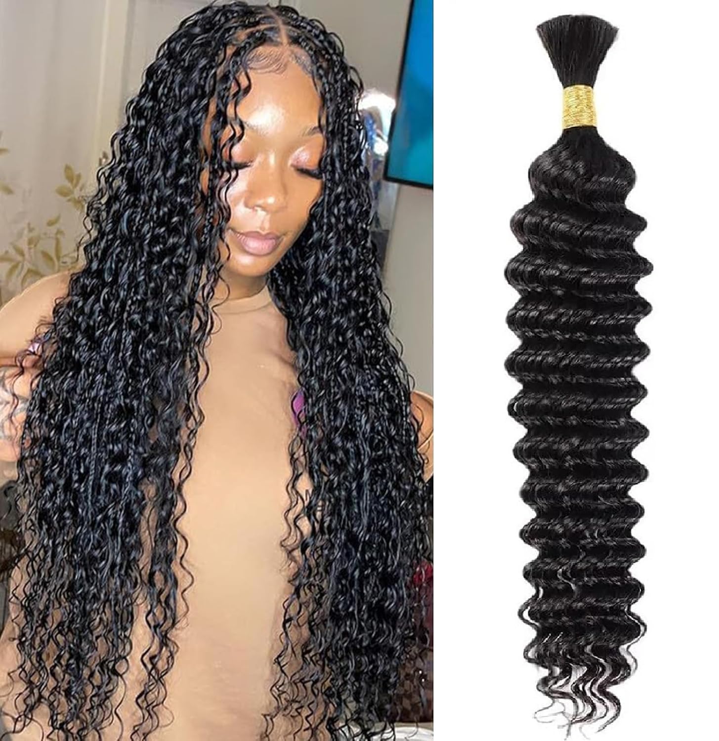 Human Braiding Hair 50g 24 Inch Deep Wave Bundles Human Hair Bulk Braiding Hair for Braiding No Weft Bundle Curly Human Hair Extensions for Boho Braids Wet and Wavy Human Hair — image 1