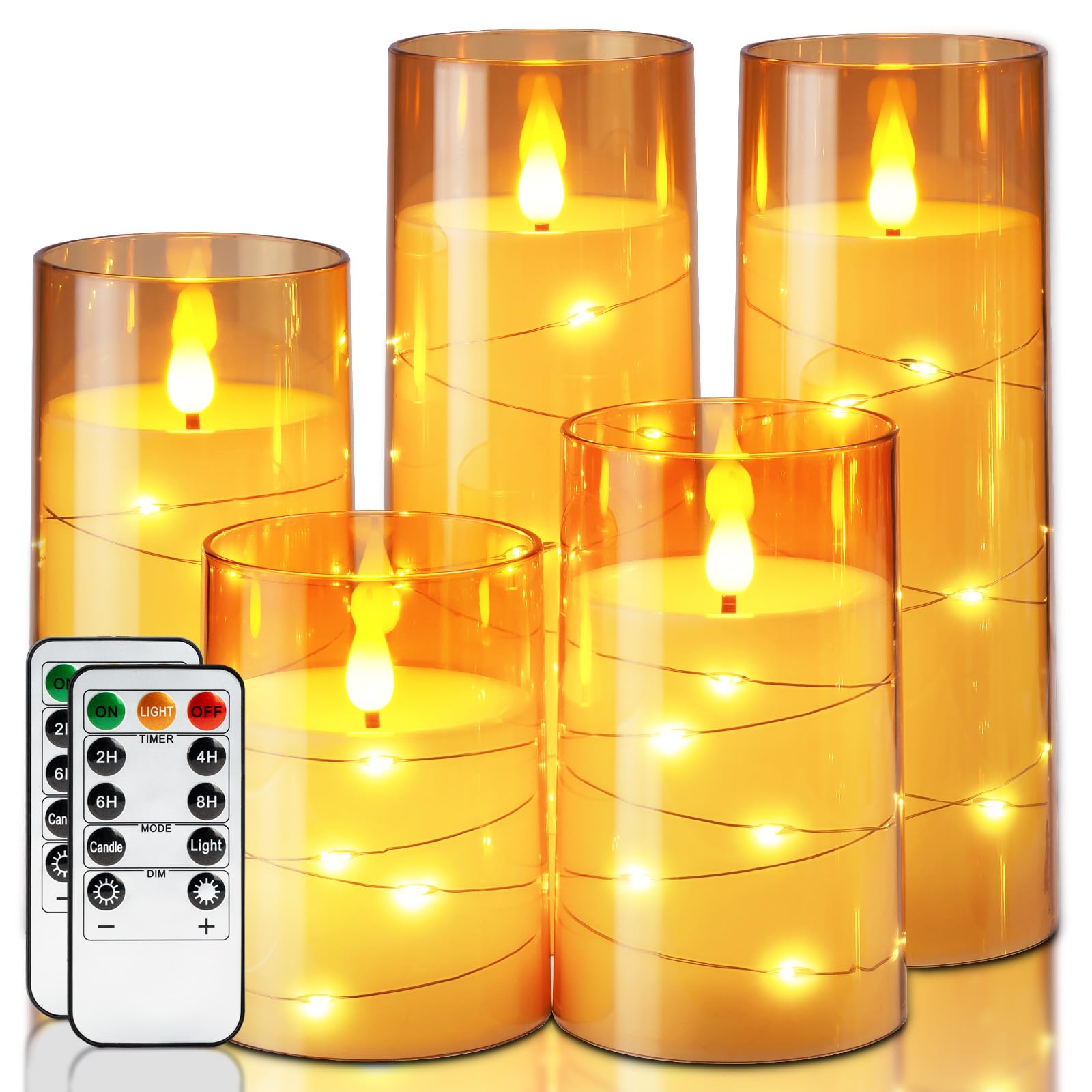 Photo 1 of Homemory Acrylic Flameless Candles with Embedded Star String Fairy Lights, Battery Operated Candle, LED Candles, Fake Candles with Remote Control and Timer for Halloween, Amber, Set of 5(H4"5"6"8"8")