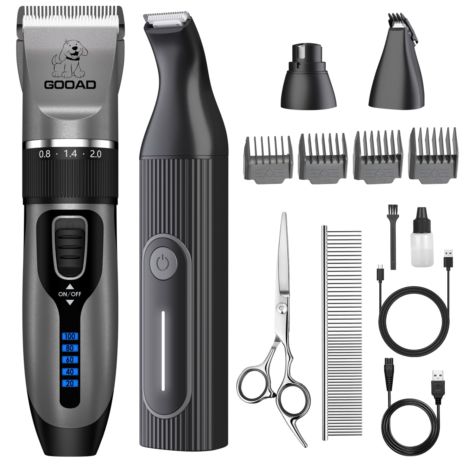 Gooad Dog Clippers Grooming Kit Hair Clipper -4 in 1Low Noise -Rechargeable-Cordless Quiet Paw Trimmer Nail Grinder, Trimmer Grooming for Thick Hair&Coats,Pet Shaver for Small and Large Dogs Cats