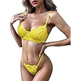 Lilosy Sexy Underwire Push Up Scallop Floral Lace Sheer Lingerie Set for Women Bra and Panty 2 Piece