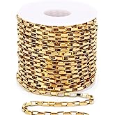 33 Feet 18K Gold PVD Plated Stainless Steel Box Chains Bulk, 3mm 304 Stainless Steel Chain Spool Square Link Box Chain Roll Bulk for Jewelry Making