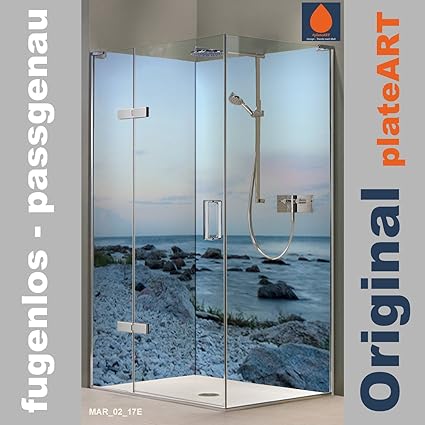 ORIGINAL plateART Eck-Duschrückwand, Wandverkleidung, Wandbild, Rückwand Alu-Dibond OHNE FUGEN, Fliesenersatz, Nordsee-Motiv 