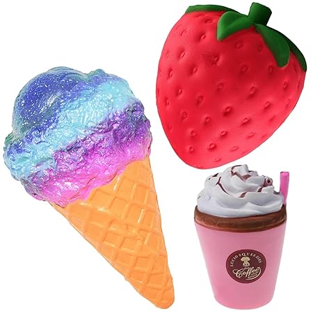 Desire Deluxe Squishies Set, Eistüte, Kaffee, Erdbeere, Anti Stress Spielzeug, Squishy mit Duft, einfach drücken und lieben L
