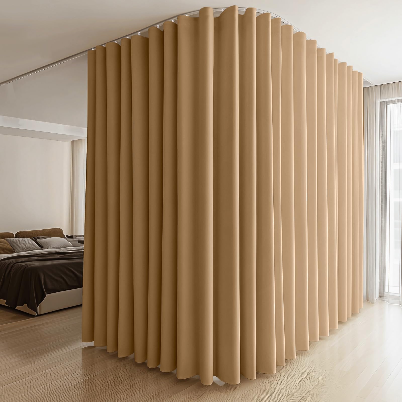 MaKefeile Room Divider Curtains & Flexible Bendable Tracks Set,Privacy Dividers Ceiling Track Curtain Window Blackout Curtains for Living Room Bedroom (W180 × H84 in 1 Panel Khaki Drape & White Rail)