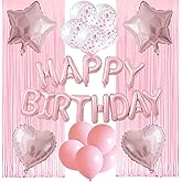 WEIKA 29 Pcs Pink Birthday Party Decorations - Happy Birthday Balloons Banner Baby Pink, Heart & Star Foil Balloon, Confetti & Latex Balloons, Foil Fringe Curtains Party Supplies for Girls