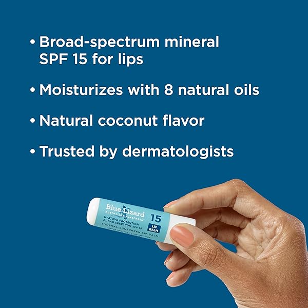 3-PACK BLUE LIZARD MINERAL SPF 15 LIP BALM: BROAD SPECTRUM SUN PROTECTION, NATURAL COCONUT FLAVOR, 8 NATURAL OILS, INFUSED WITH AUSTRALIAN KAKADU PLUM, RICH IN VITAMIN C, VEGAN, EACH TUBE 0.13 OZ.