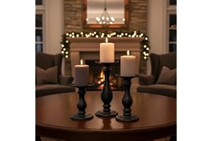 QUALDOUT Matte Black Pillar Candle Holders Set of 3-10", 8", 6”H Candlestick Candle Holder Stand, Christmas Fall Thanksgiving Decor Gift for Fireplace/Table Centerpiece/Rustic/Farmhouse