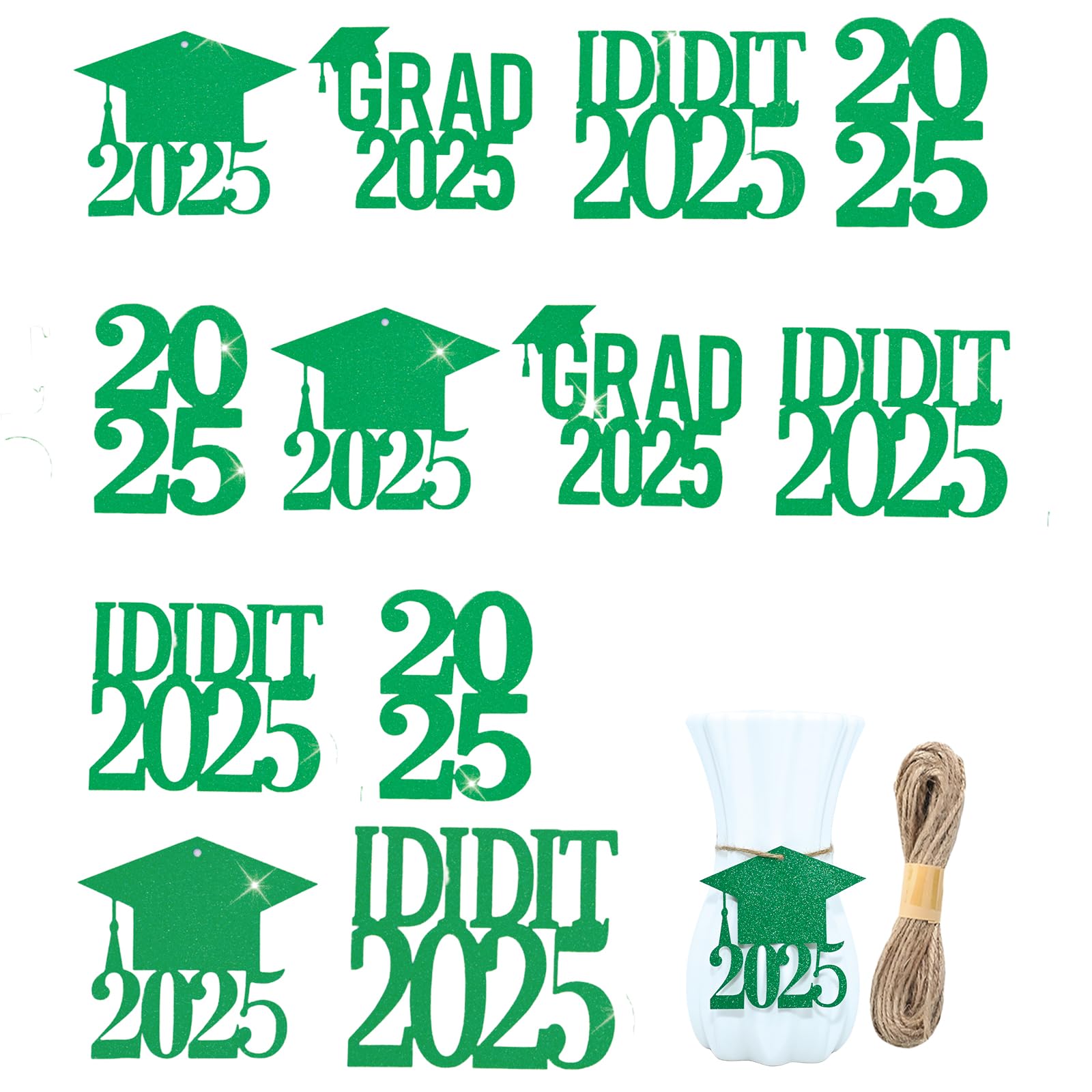 Photo 1 of 12 Pcs Double Side Glitter 2025 Cutouts Tags 2025 Graduation Centerpiece with Burlap Rope for Graduation Party Table (Green)
