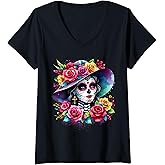 Womens De Los Muertos La Catrina Day of The Dead Sugar Skull Women V-Neck T-Shirt