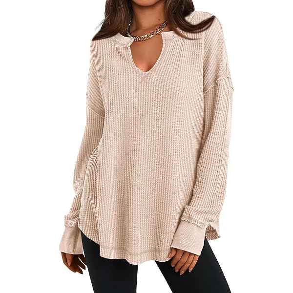 Jelly Brynn Women's Waffle Knit Shirt - V-Neck, Batwing Sleeves, Oversized Tunic Top, Long Sleeve Pullover