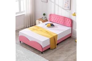 CECER Twin Size Kids Bed Frame with Headboard, Velvet Upholstered Platform Bed with Slatted Bed Base, Pink Princess Wooden Bed for Girls, No Box Spring Needed (Diamonds, Twin)