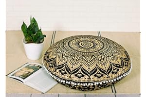 Popular Handicrafts Large Hippie Mandala Ombre Floor Pillow Cover - Cushion Cover - Pouf Cover Round Bohemian Yoga Decor Floor Cushion Case- 24" Black Gold