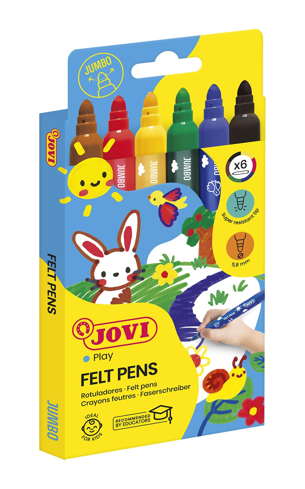 Jovi Thick felt-tip pens, 5.8 mm line, washable, non-slip tip, set of 6 colours