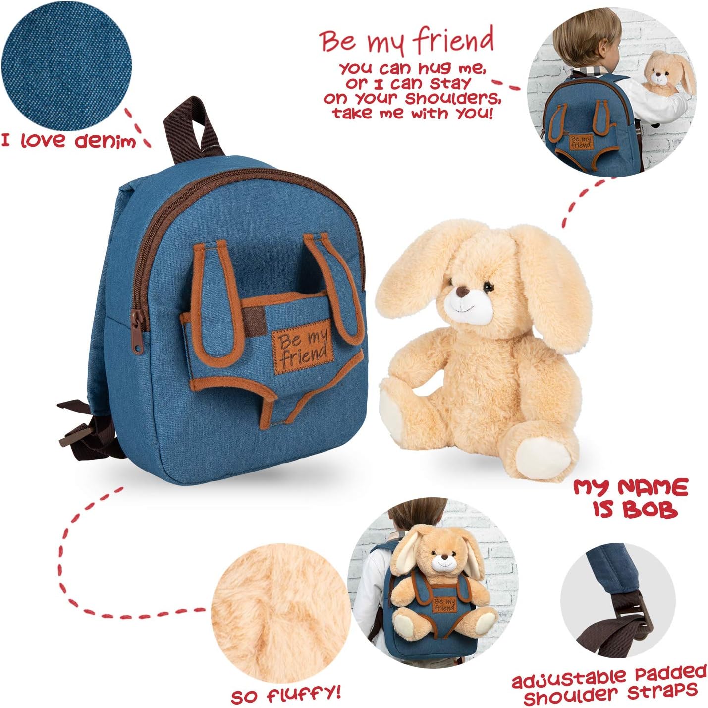 PERLETTI Plush Bunny Backpack for Kids with Fluffy Stuffed Puppet - Image 4