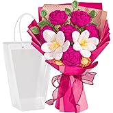 Alecono Crochet Flower Bouquet, Hot Pink Knitted Flowers, Crochet Tulip Rose Flower for Lover Anniversary Birthday Party Mother's Day Graduation Gifts (Include Card)