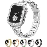 Rhinestones Encrusted Metal Bracelet and Case, Compatible with Apple Watch Bands 38mm-49mm (Series 10/1/SE/Ultra 2)- Bling Gold Women's Jewelry Strap, Luxury iWatch Bracelet with Screen Protector