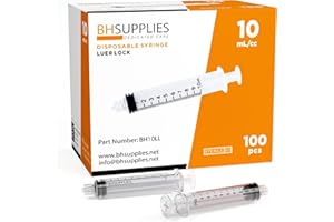 BH Supplies 10ml Luer Lock Tip Syringes (No Needle) - Sterile, Individually Wrapped - 100 Syringes