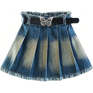 MOCHIFORMOSAYOUTH Girls Pleated Denim Skirt with Built-in Shorts, Spray White Wash A-Line School Skirt