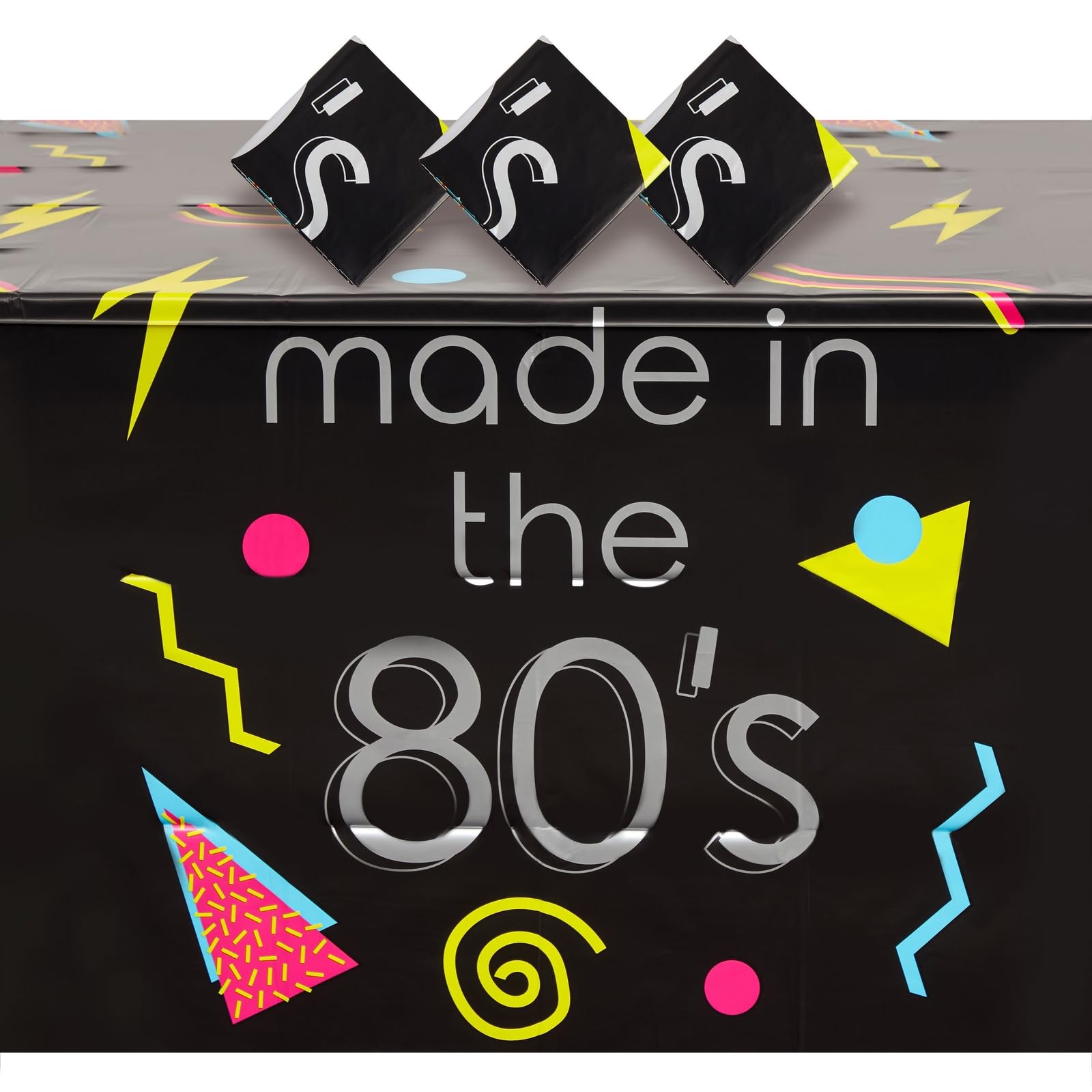 Photo 1 of 3 Pack Retro 80s Table Cover, Plastic Tablecloth for 1980s Party Decorations (54 x 108 in)