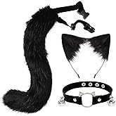 QinRuan Cat Ears and Wolf Fox Animal Tail Cosplay Costume Faux Fur Hair Clip Headdress Halloween Leather Neck Chocker Set