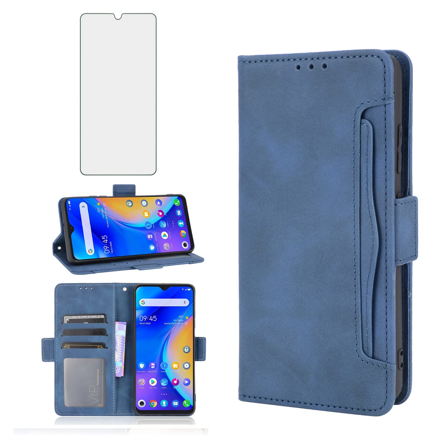Asuwish Compatible with TCL 20 SE 6.82 inch Wallet Case and Tempered Glass Screen Protector Card Holder Credit ID Slot Flip Phone Cover for TCL20SE Android 11 TLC 20SE T6710 6.82" Women Men Blue