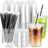 50PCS 16 oz Round Bottom Plastic Cups with Lids and Black Straws, Clear To Go Iced Coffee Smoothie Juice Cups, Disposable Cold Drink Bubble Tea Party Cups for Catering, Christmas, Birthdays, Takeout