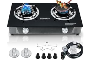 Horynar Propane Stove 2 Burner Gas Stove Auto Ignition 26000 BTU Tempered Glass Propane Burner LPG with CSA Hose for Outdoor Cooking, Emergency
