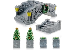 Warmtree 6 Pcs Christmas Village Accessories Limestone Steps Bridge Topiaries Flower Pot Column Miniature Ornaments for Christmas Village Landscape