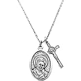 St. Carlo Acutis Medal Necklace with Cross Charm – Oxidized Silver 22mm Saint Pendant on Stainless Steel Chain – Patron Saint of Youth and Internet – Optional Birthstone Gift
