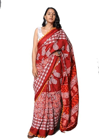 Red Cotton Hand Block Printed Saree with Blouse
