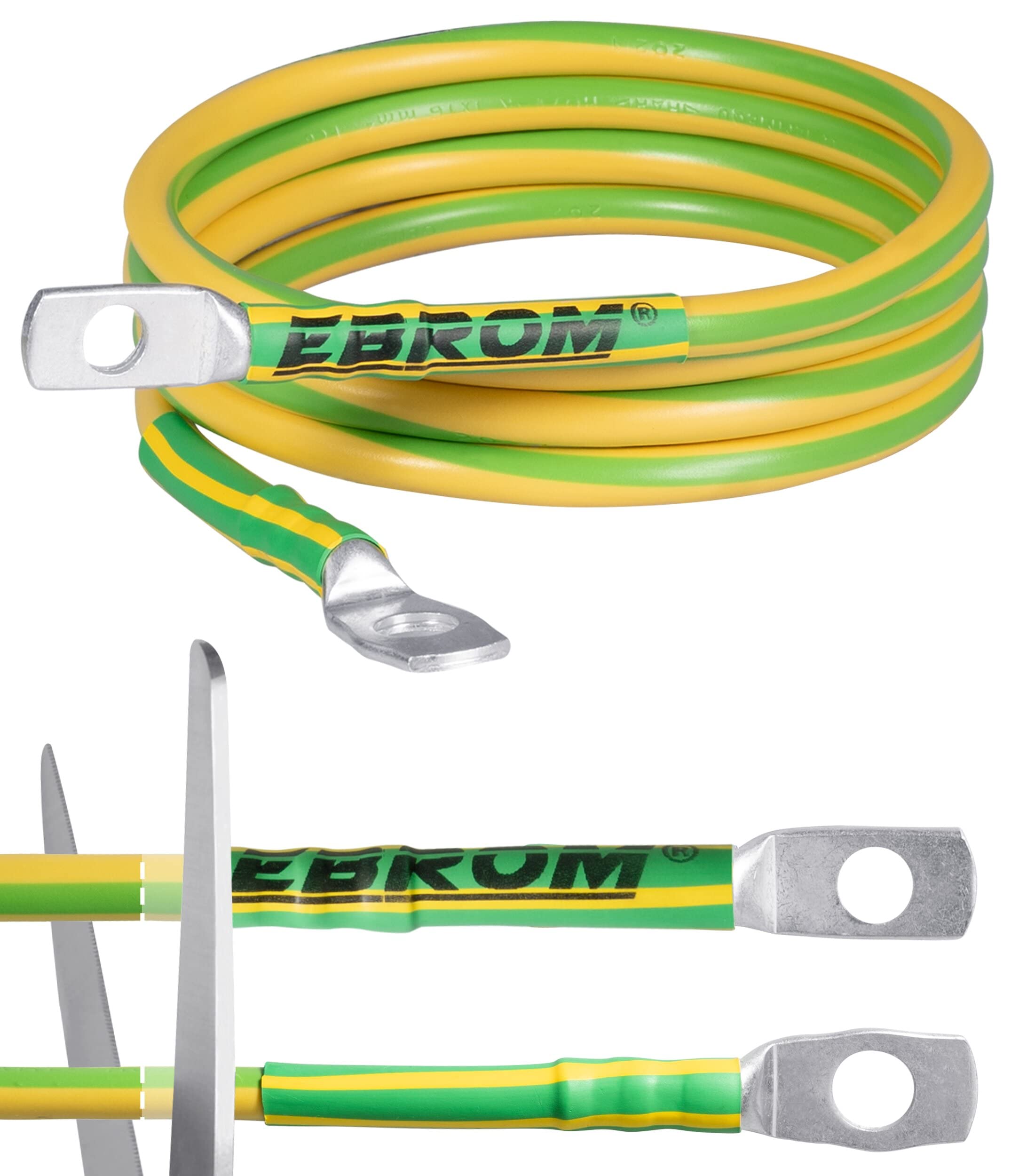 EBROM Earthing Cable 3 m, Earthing Cable H07V-K 16 mm², Green/Yellow Grounding Conductor - Length: 3 metres + cable lugs ring eyelets M8 (8 mm) and M10 (10 mm) - Made in Germany - 16 mm2 suitable for Kreuzerder earthing rod.