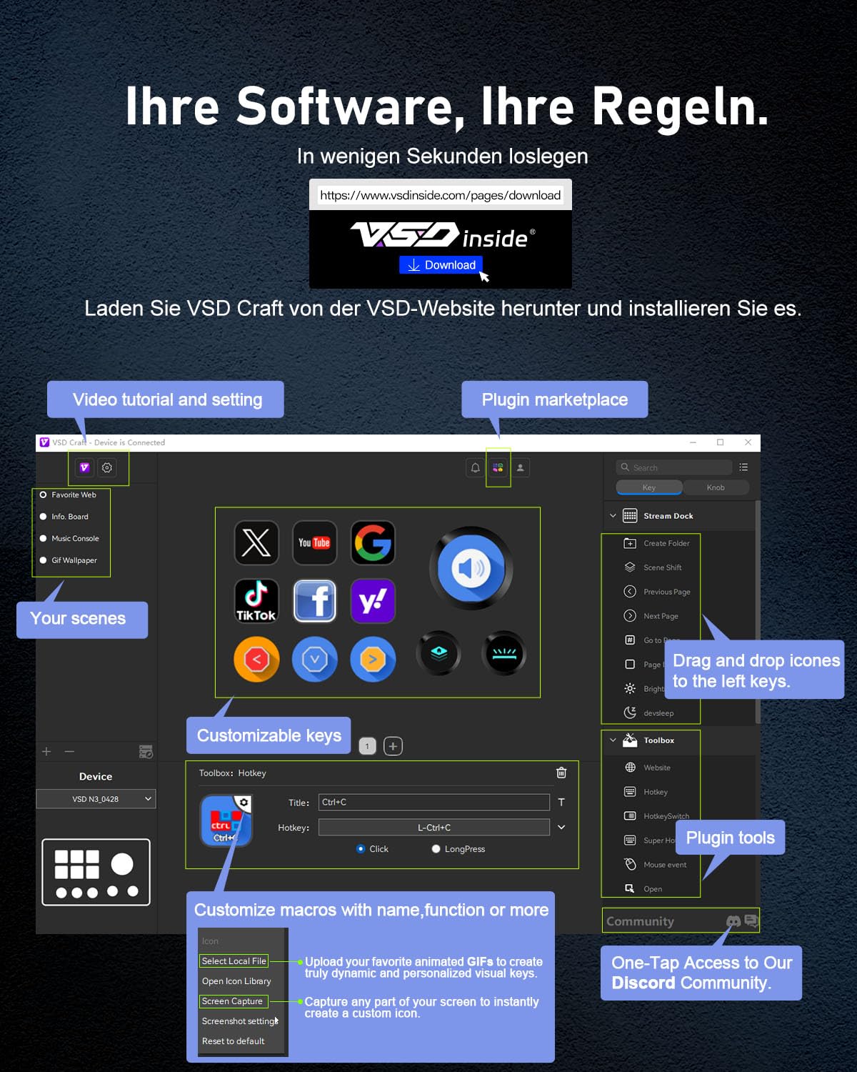 Basicolor N3 Stream Controller Deck mit 6 LCD-Makrotasten, 3 Buttons & 3 Drehreglern – Programmierbare Tastatur für Streaming (YouTube, OBS, Twitch), Kreation, Produktivität (Office) & Gaming (Mac/PC) 6