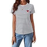 SweatyRocks Women's Heart Striped T Shirt Short Sleeve Shirt Crew Neck Casual Tee Top