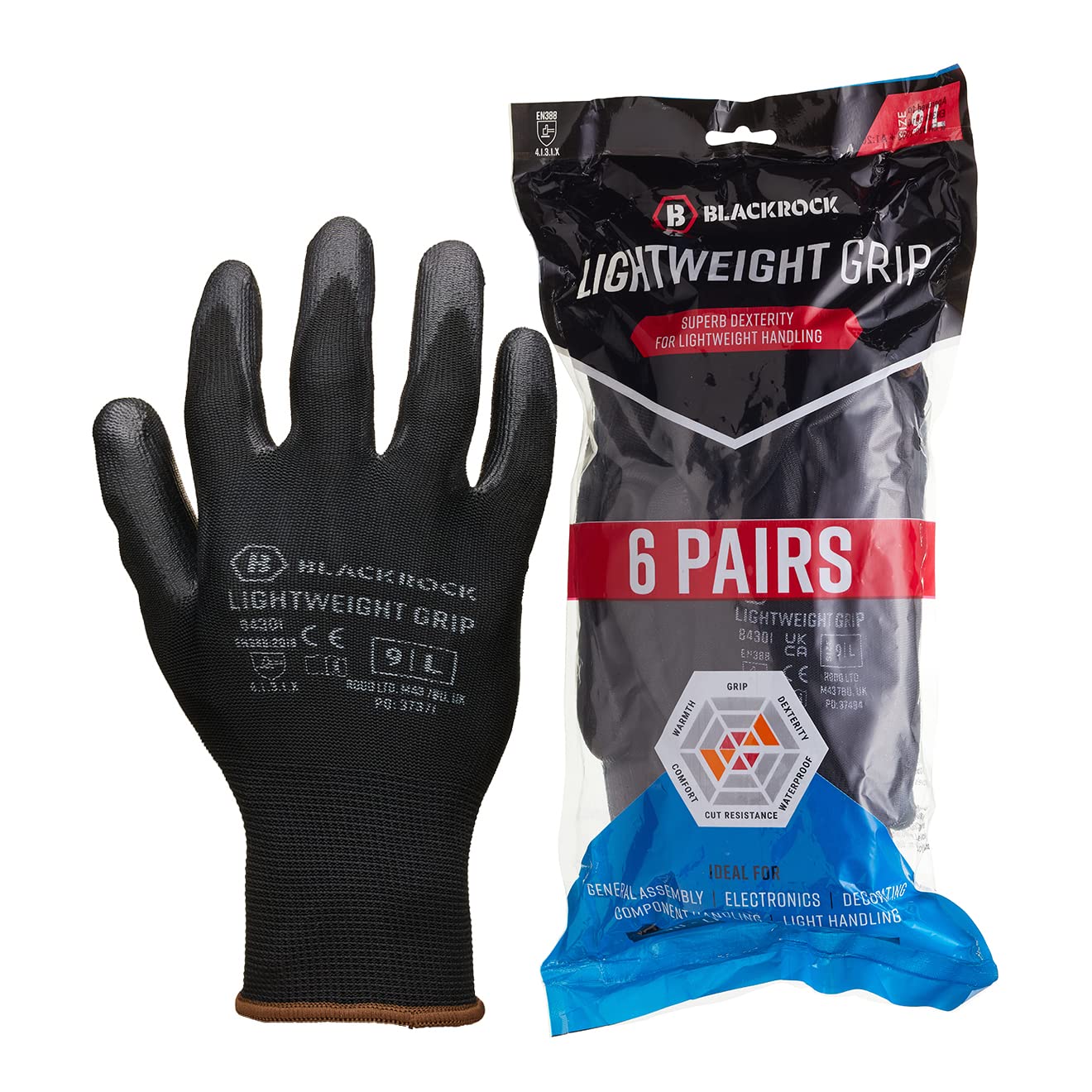 Blackrock 6 Pairs PU Work Gloves, Mens and Womens, Gardening, Painters, PPE, Warehouse, for Work Grip, Yard Gloves, Litter Picking - Size 10/XL